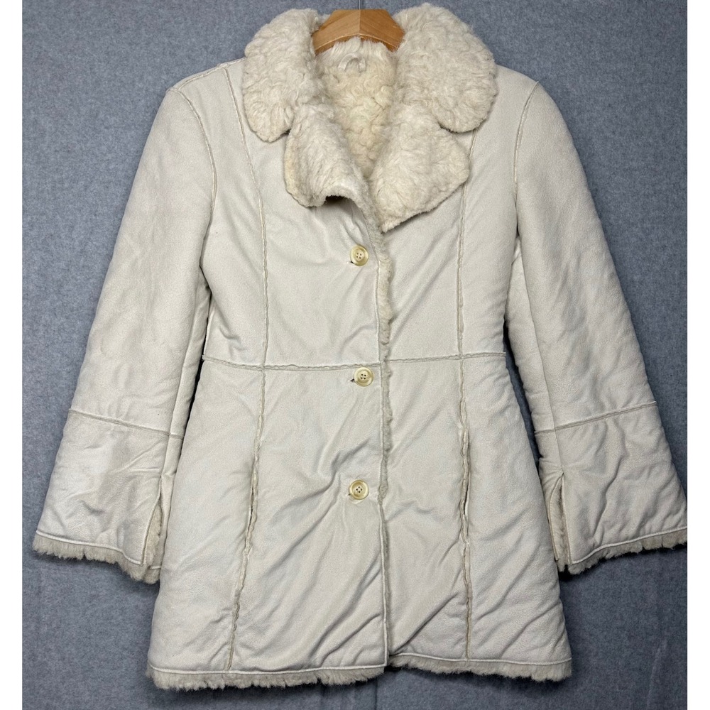 Next Petite Womens Cream Faux Suede Shearling Fur Lined Coat Made in Italy UK 8‎